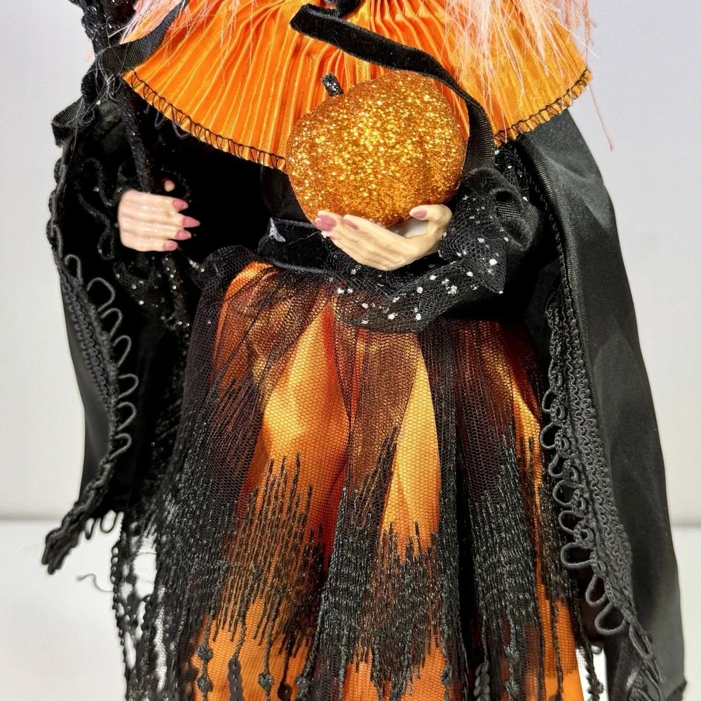 Halloween Witch Tree Topper Tabletop Figure Orange Black Whimsical Witchcore 16